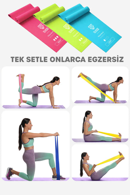 3 Farklı Direnç AÇIK UÇLU Çantalı Pilates Aerobik Egzersiz Squat Lastiği Bant Açık Uç TB3-RGB