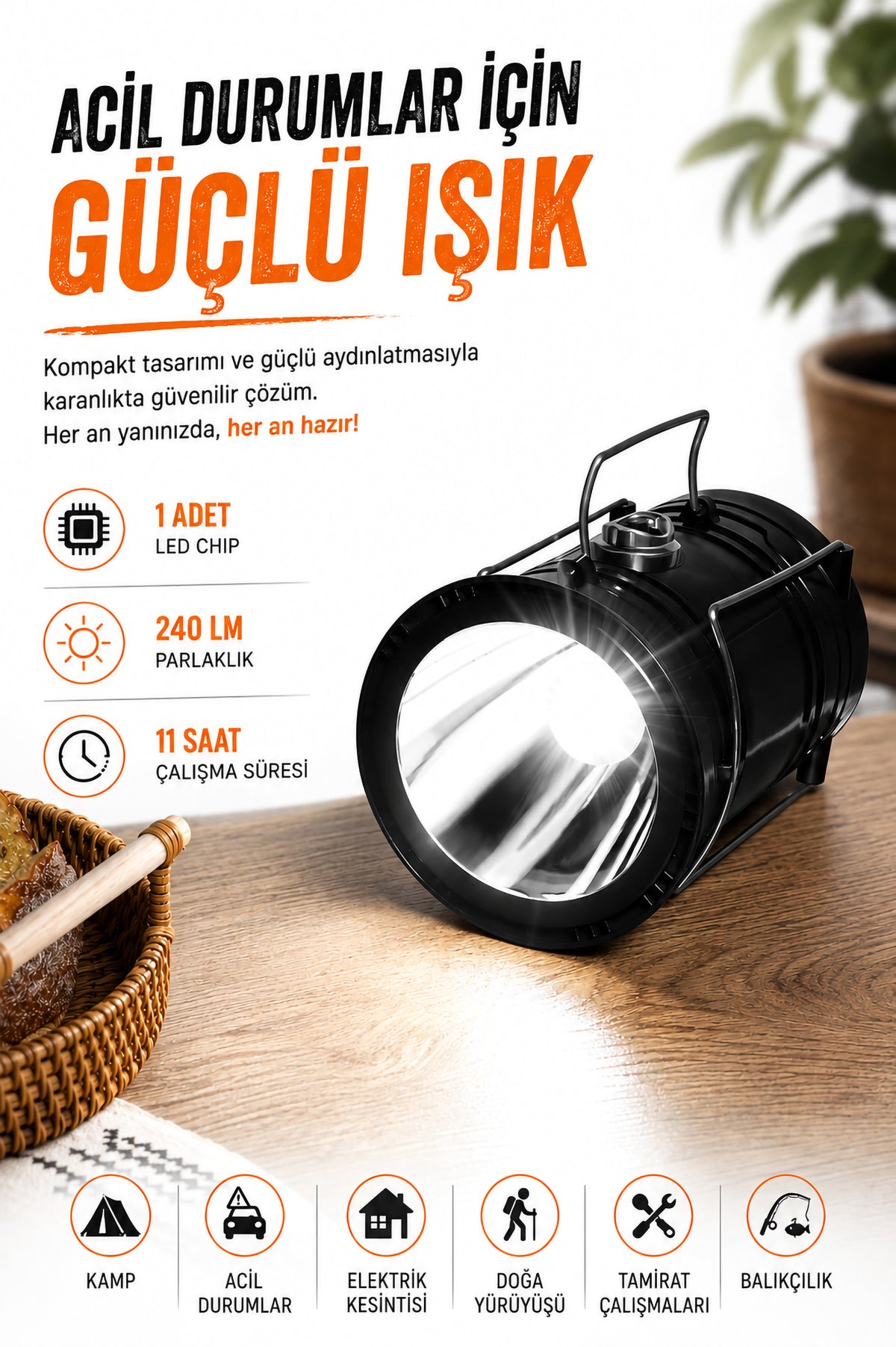 3 Fonksiyonlu Şarjlı Solarlı Kamp Lambası El Feneri Powerbank Özellikli Taşıma Kulplu Siyah 5800T