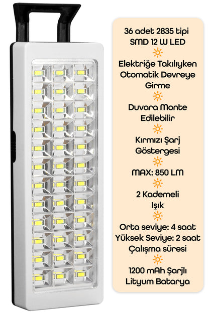 36 LED Şarjlı Işıldak POWER Lambası Otomatik Yanan Fener 2 Kademeli Elektrikli El Feneri 47733