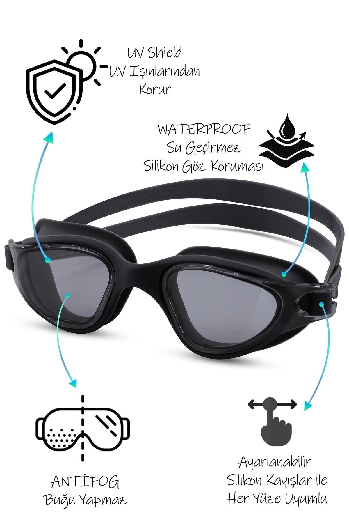4LÜ SET Swimmer PRO Buğu Yapmaz Havuz Deniz Yüzücü Gözlüğü Boneli Tıkaçlı UV Korumalı Yüzme Siyah