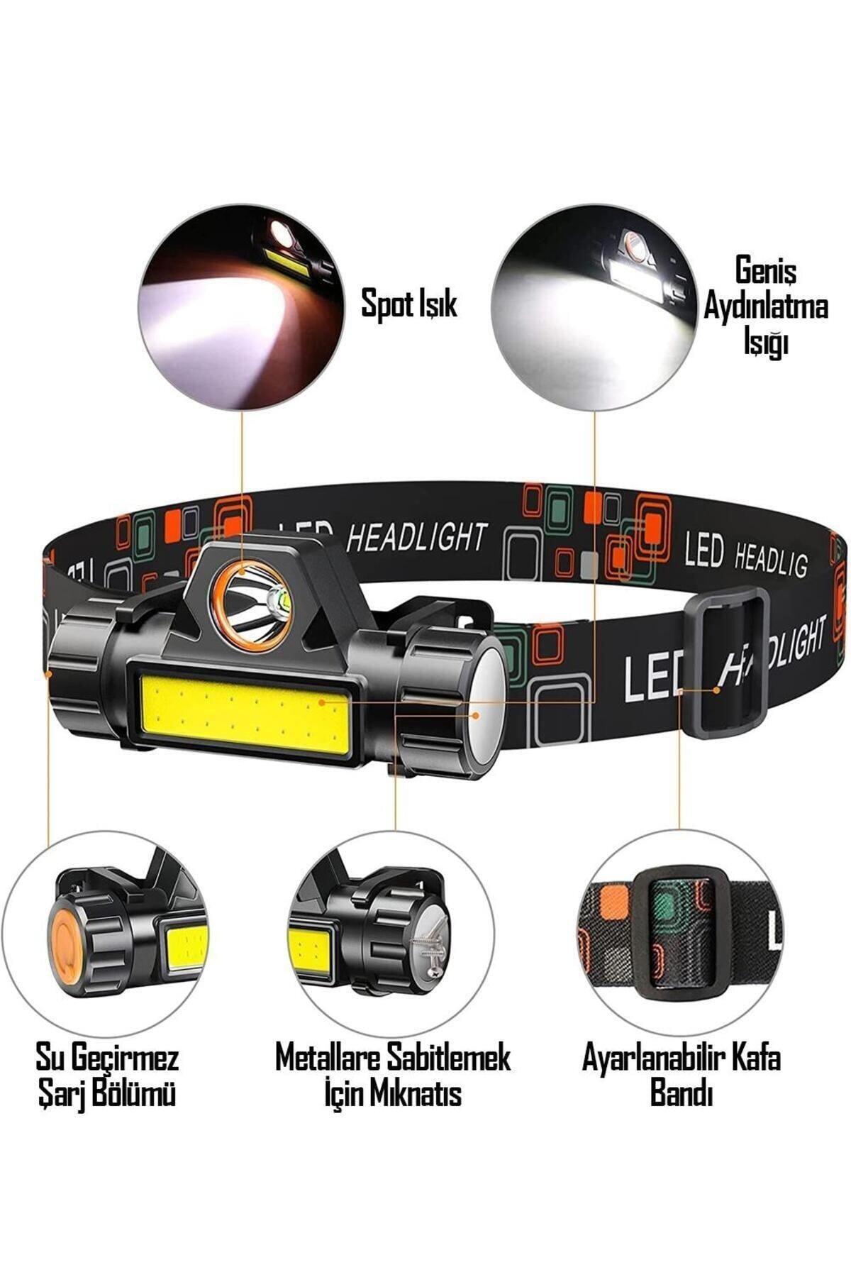 Kafa Lambası LED Şarjlı Su Geçirmez Darbeye Dayanıklı Kamp İş Kafa Feneri 6500K 4W