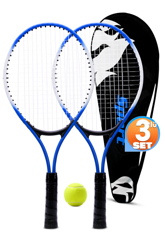 3lü SET Deluxe 21 İnç Çocuk Genç Tenis Raketi SETİ Çantalı Çocuk Tennis L2 Grip 53 cm Mavi 670