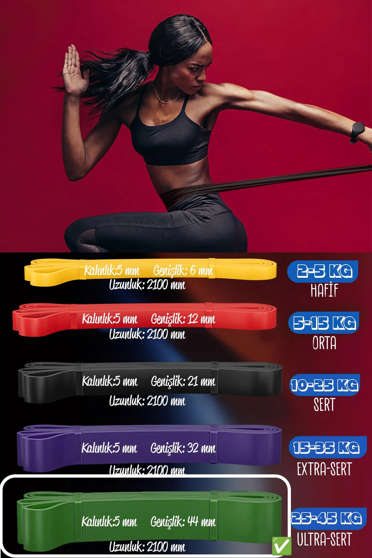 45 KG Direnç Bandı Kas Geliştirme Lastiği Fitness Pilates Cross Training Bant Yeşil - Ultra Sert