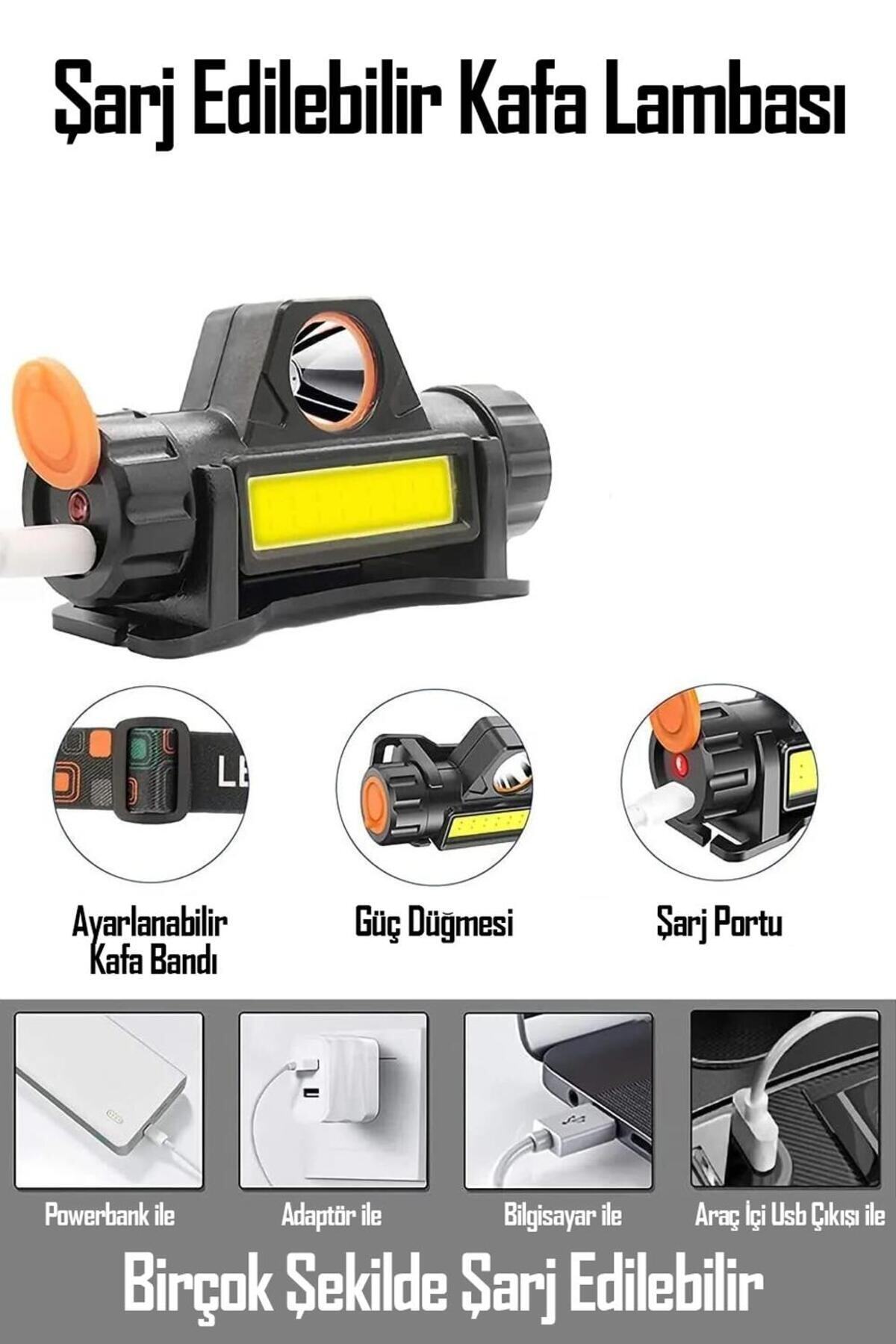 Kafa Lambası LED Şarjlı Su Geçirmez Darbeye Dayanıklı Kamp İş Kafa Feneri 6500K 4W