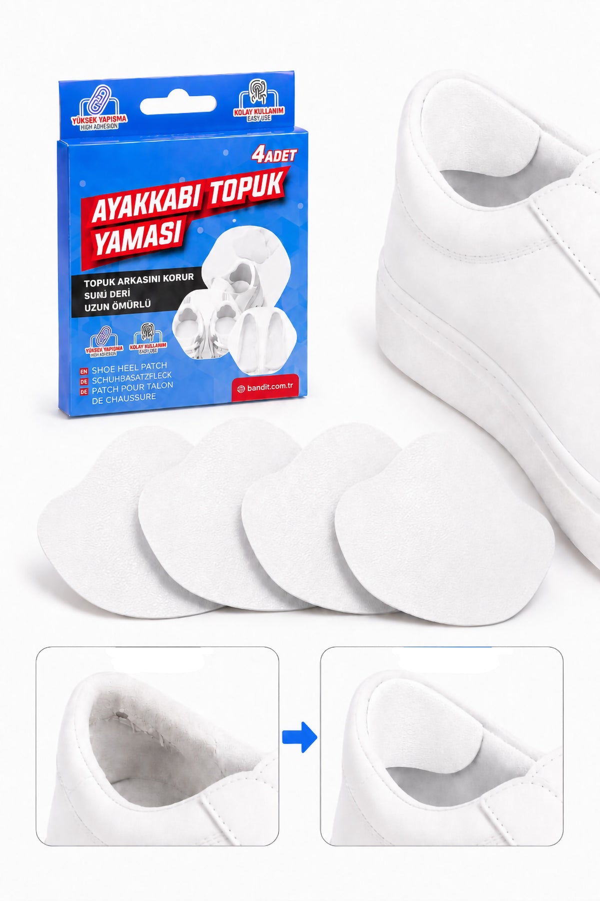 4lü Yapışkanlı Ayakkabı Topuk Yaması Kesilebilir Suni Deri Ayakkabı Tamir Pedi Beyaz