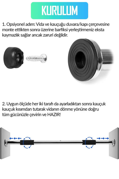 Kapı Barfiksi Süngerli Krom Koridor Barfix Aleti Demiri Şınav Çubuğu Chin Up Pull Up Demiri 62-100cm