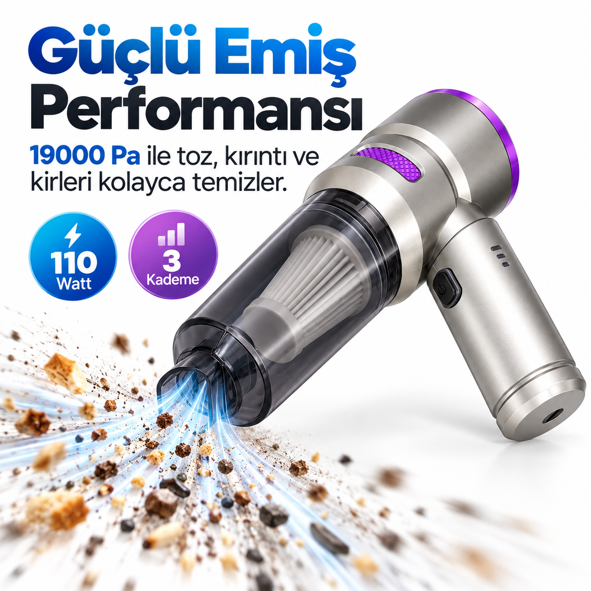 110W 3 Kademeli Şarjlı Kablosuz Araç İçi El Süpürgesi