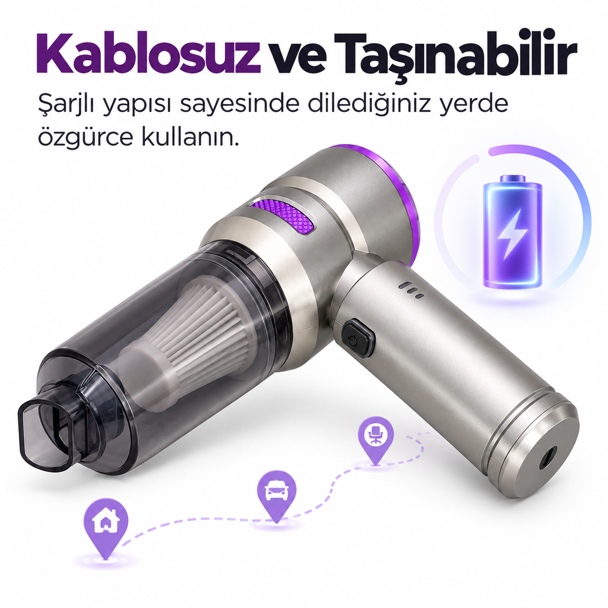 110W 3 Kademeli Şarjlı Kablosuz Araç İçi El Süpürgesi