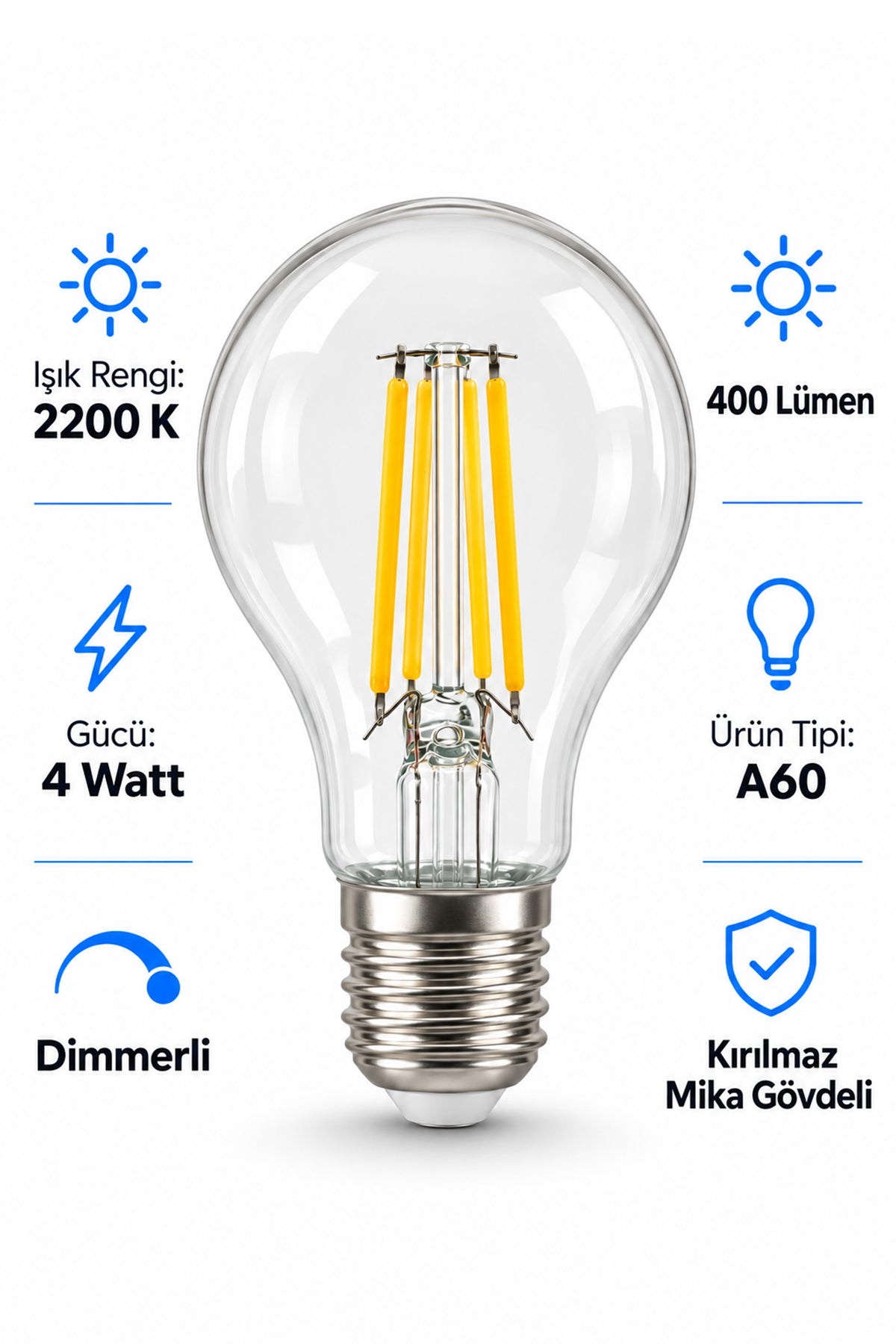 A60 Dimmerli Rustik Gün Işığı 2200K Amber LED Ampul Filament E27 Duylu Filamanlı Edison Ampül