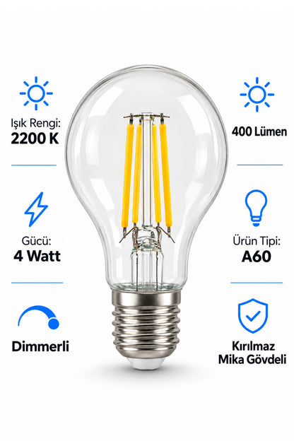 A60 Dimmerli Rustik Gün Işığı 2200K Amber LED Ampul Filament E27 Duylu Filamanlı Edison Ampül