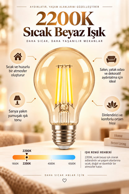 A60 Dimmerli Rustik Gün Işığı 2200K Amber LED Ampul Filament E27 Duylu Filamanlı Edison Ampül