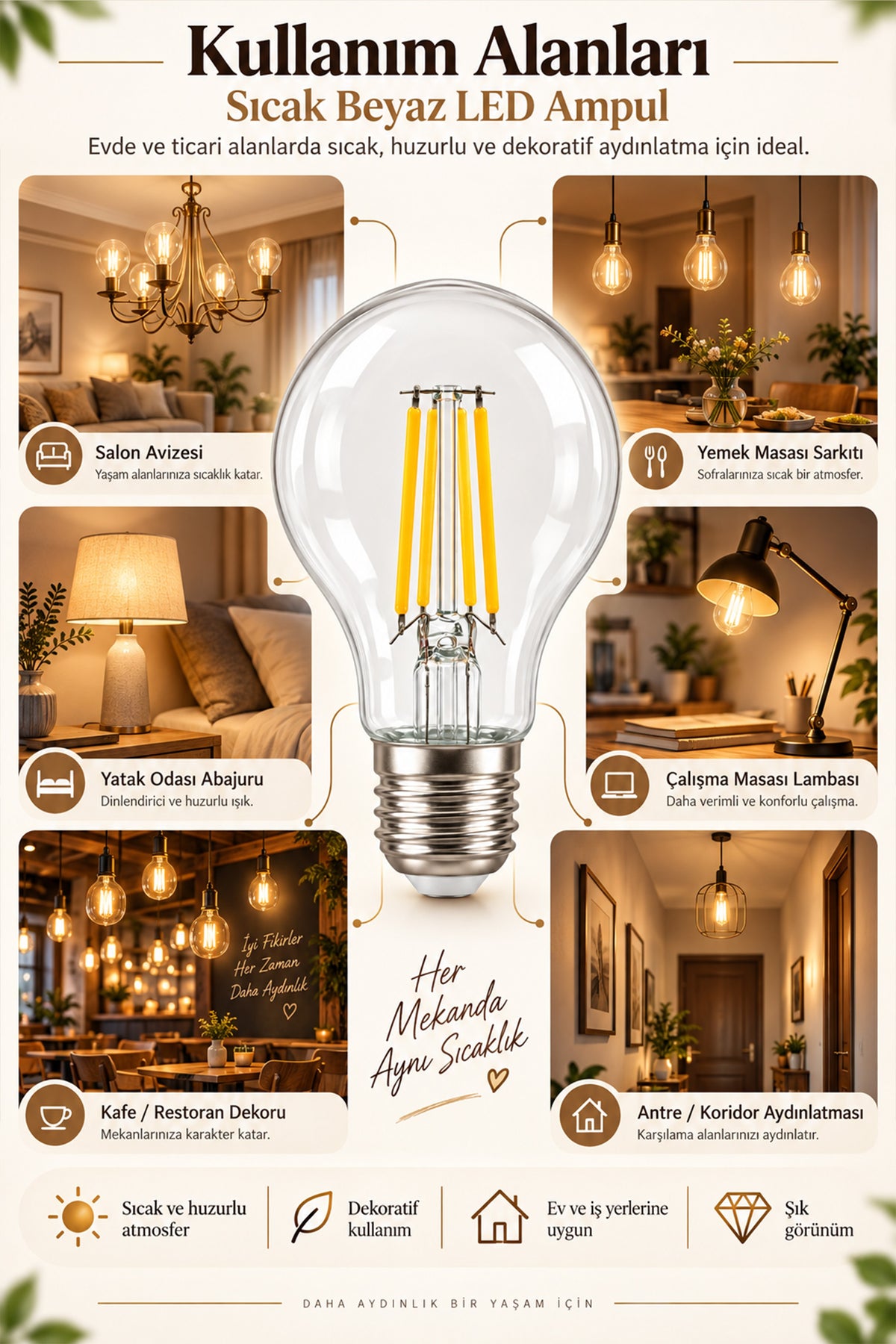 A60 Dimmerli Rustik Gün Işığı 2200K Amber LED Ampul Filament E27 Duylu Filamanlı Edison Ampül