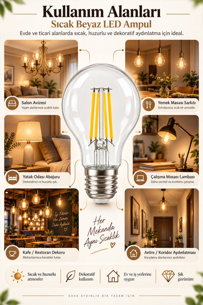 A60 Dimmerli Rustik Gün Işığı 2200K Amber LED Ampul Filament E27 Duylu Filamanlı Edison Ampül