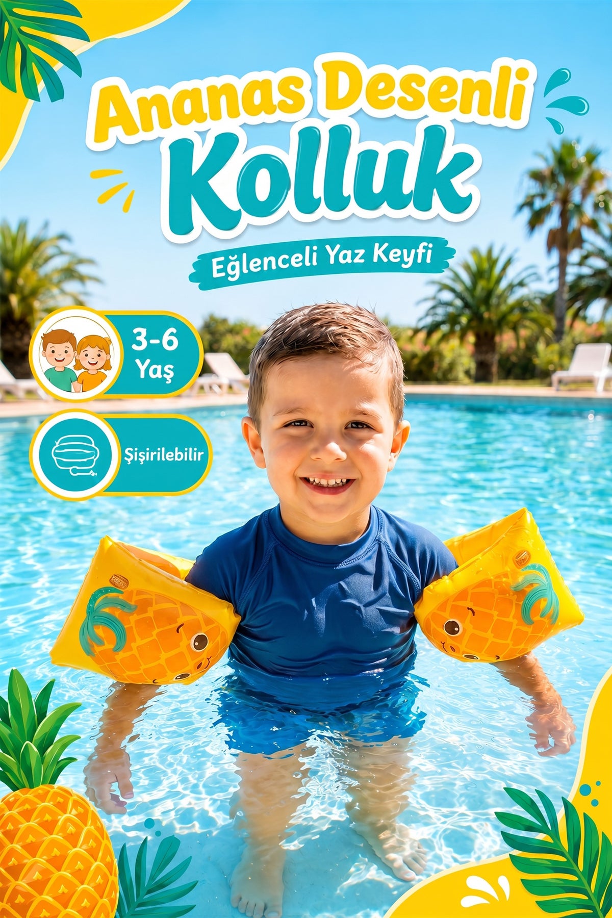 Çocuk Yüzme Kolluğu 19-30 Kg Şişme Deniz Havuz Yüzücü Kolluk Yüzme Kolluğu Ananas 32042