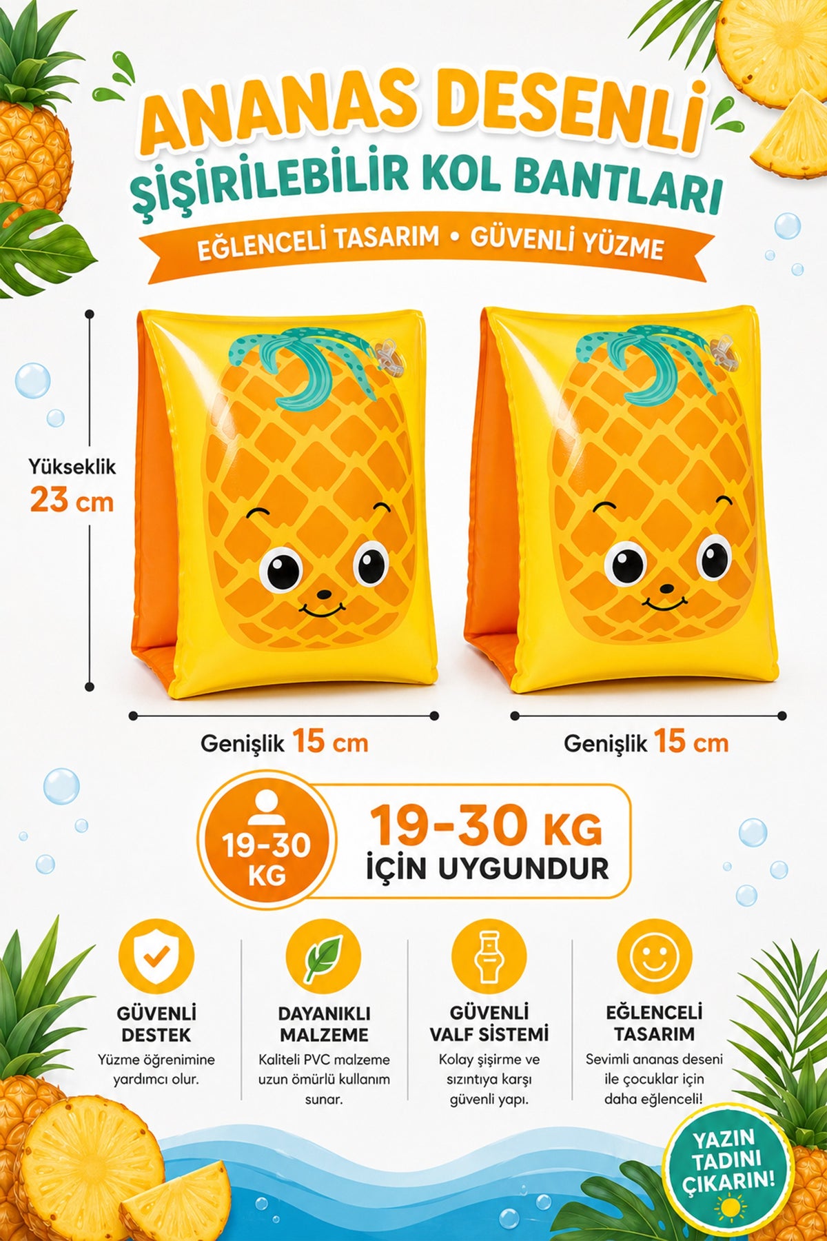 Çocuk Yüzme Kolluğu 19-30 Kg Şişme Deniz Havuz Yüzücü Kolluk Yüzme Kolluğu Ananas 32042