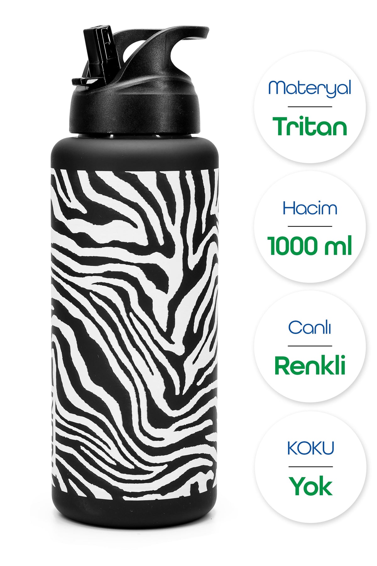 Büyük Su Matarası Tritan Pipetli Su Şişesi Zebra Spor Matarası Suluğu BPAsız 1000 mL Siyah 0112