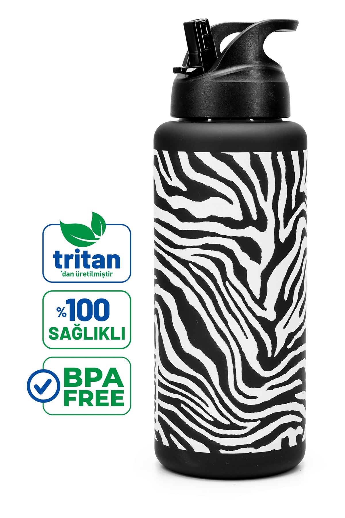 Büyük Su Matarası Tritan Pipetli Su Şişesi Zebra Spor Matarası Suluğu BPAsız 1000 mL Siyah 0112