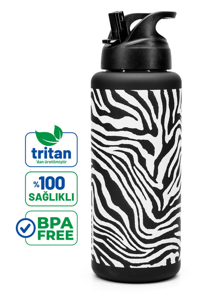 Büyük Su Matarası Tritan Pipetli Su Şişesi Zebra Spor Matarası Suluğu BPAsız 1000 mL Siyah 0112