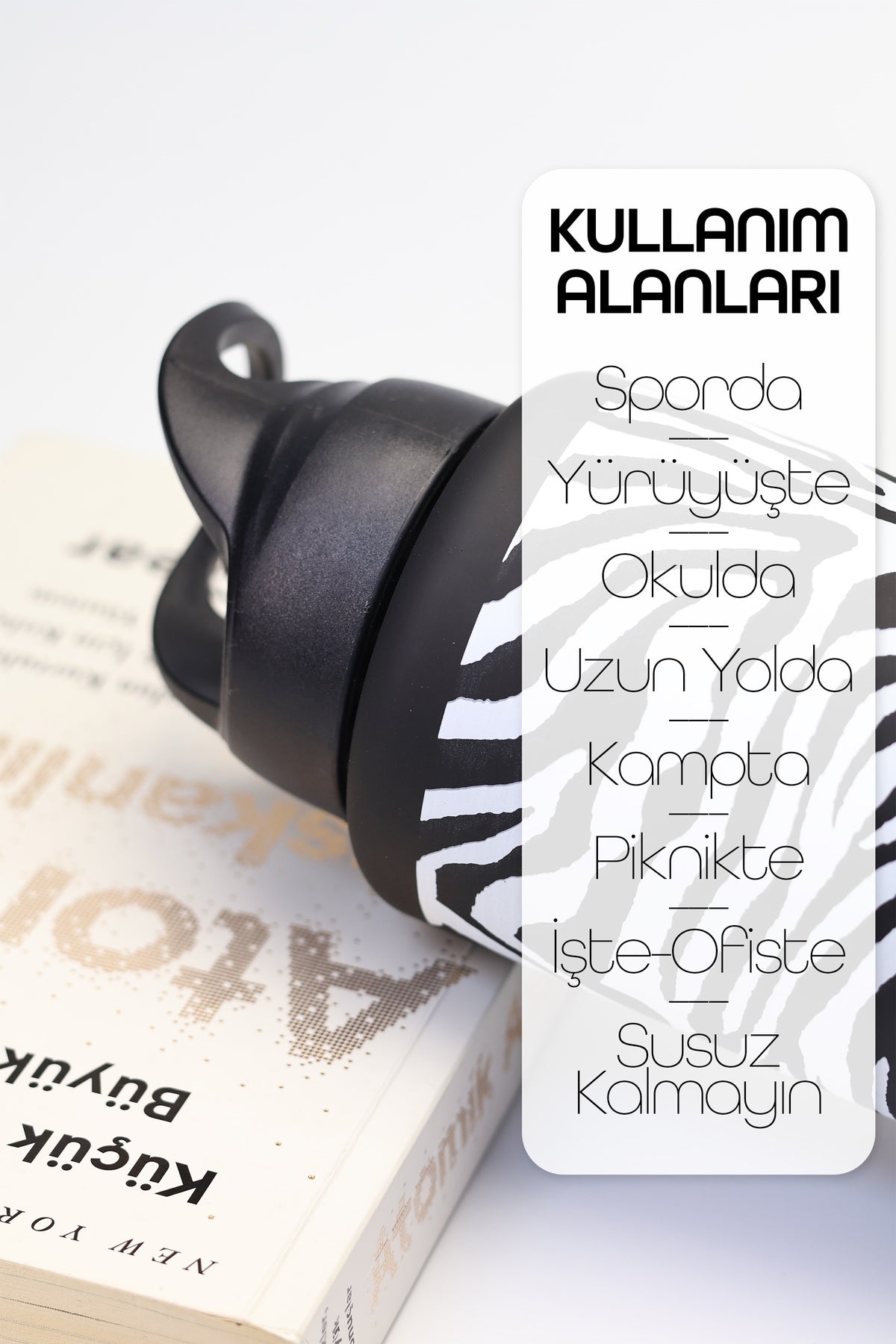 Büyük Su Matarası Tritan Pipetli Su Şişesi Zebra Spor Matarası Suluğu BPAsız 1000 mL Siyah 0112