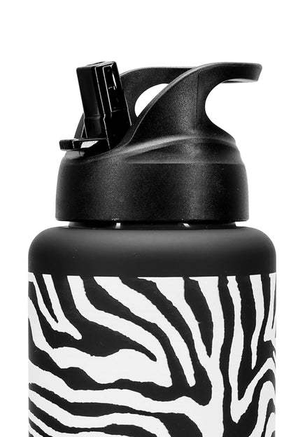 Büyük Su Matarası Tritan Pipetli Su Şişesi Zebra Spor Matarası Suluğu BPAsız 1000 mL Siyah 0112