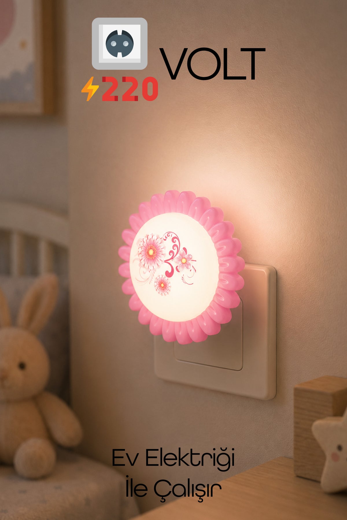Çiçek Figürlü Gece Lambası ON/OFF Tuşlu Koridor Hol Işığı Uyuma Işığı Pembe GC09