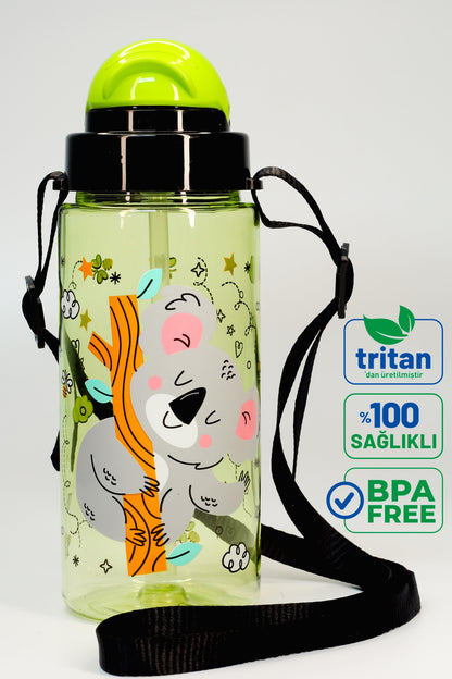 Çocuk Su Matarası Tritan Pipetli Su Şişesi Boyun Askılı Prenses Okul Suluğu BPAsız 500 mL Mor T0107