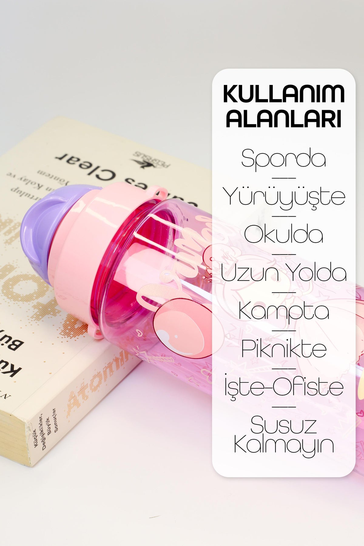 Çocuk Su Matarası Tritan Pipetli Su Şişesi Boyun Askılı Prenses Okul Suluğu BPAsız 500 mL Mor T0107