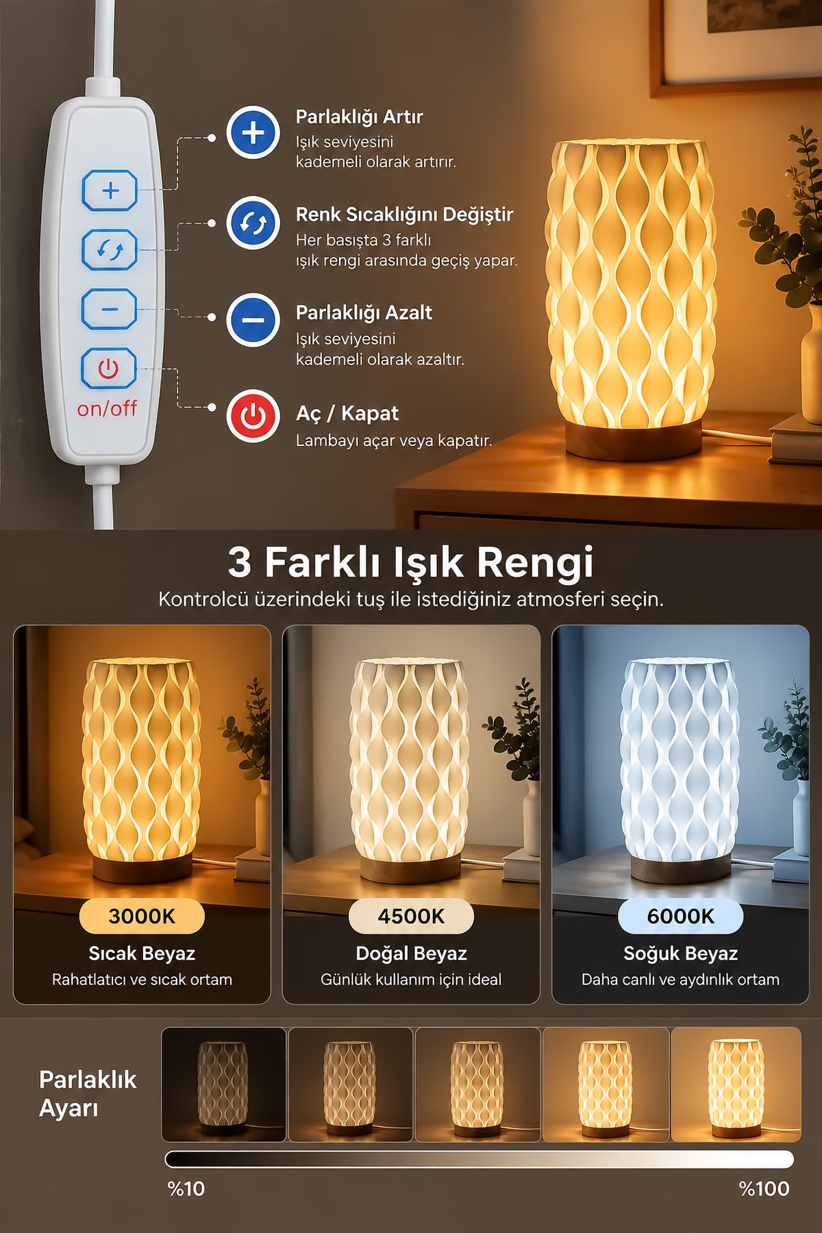 Dekoratif Masa Lambası 3 Renk Işık Abajur Parlaklık Ayarlı Gece Masa Üstü Lamba Kablolu 334