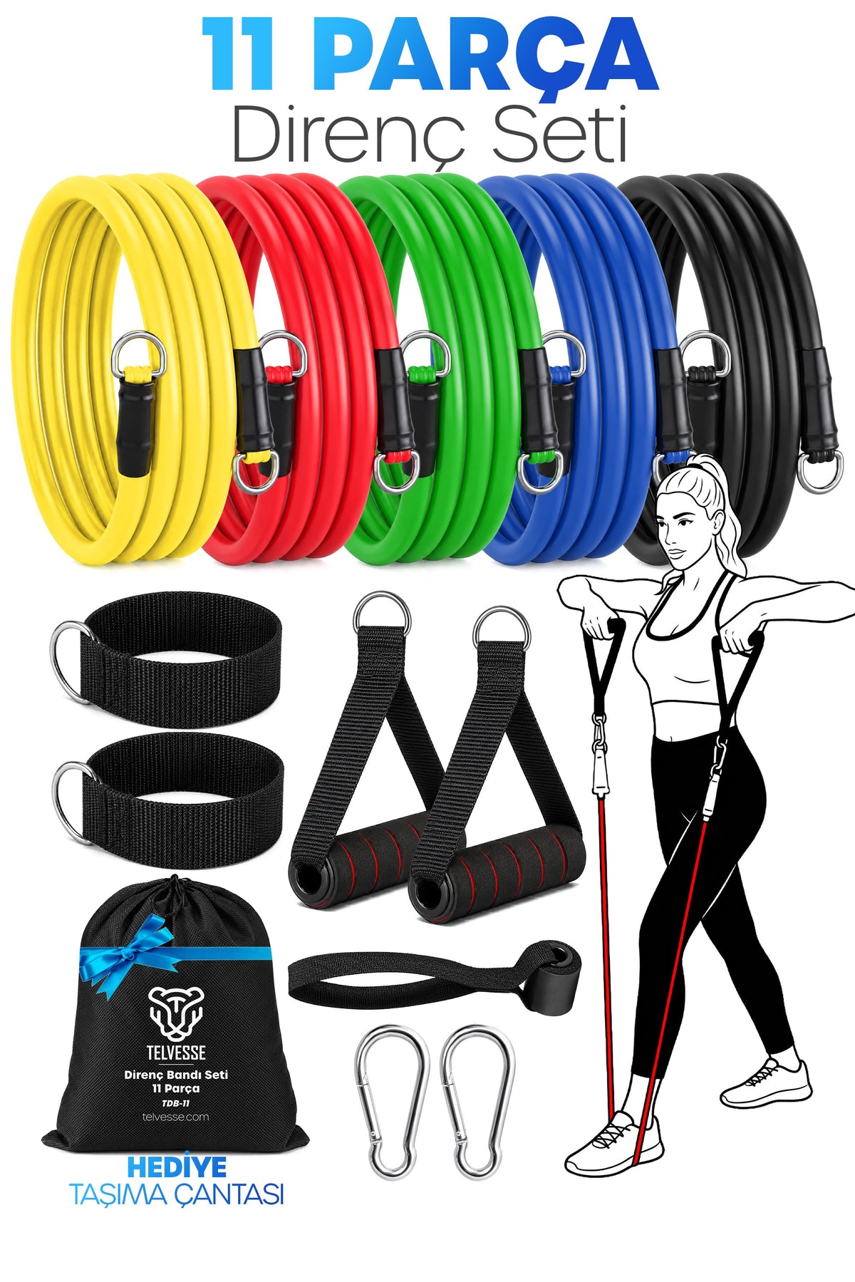 30 KG Direnç Bandı Seti 11 Parça Çantalı Pilates Aerobik Egzersiz Barfiks Spor Lastiği Tüp Bant TDB11