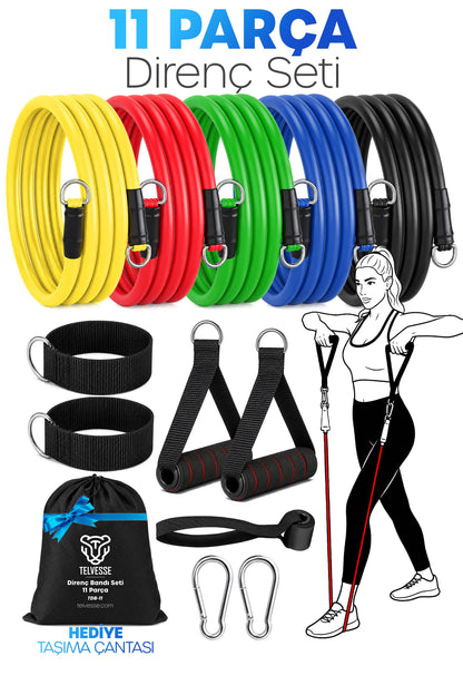 30 KG Direnç Bandı Seti 11 Parça Çantalı Pilates Aerobik Egzersiz Barfiks Spor Lastiği Tüp Bant TDB11