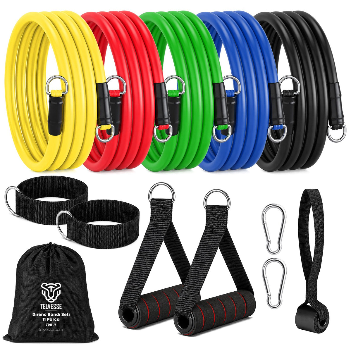30 KG Direnç Bandı Seti 11 Parça Çantalı Pilates Aerobik Egzersiz Barfiks Spor Lastiği Tüp Bant TDB11