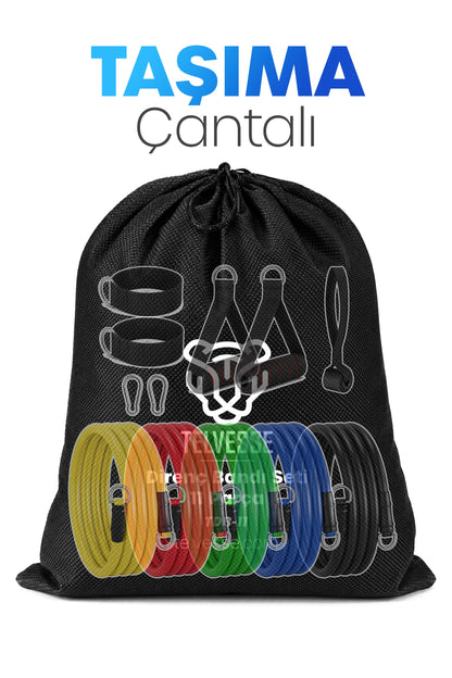30 KG Direnç Bandı Seti 11 Parça Çantalı Pilates Aerobik Egzersiz Barfiks Spor Lastiği Tüp Bant TDB11