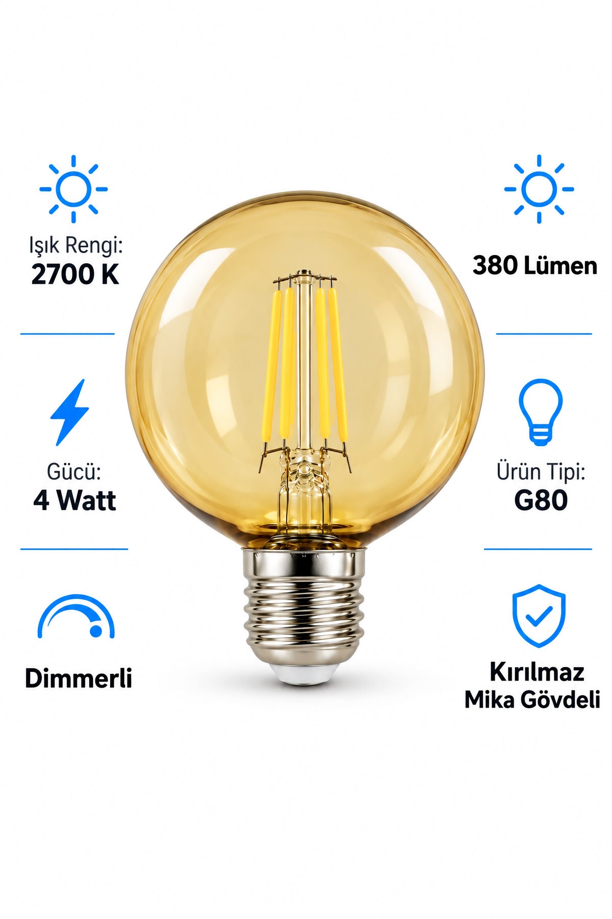 G80 Dimmerli Rustik Gün Işığı 2700K Amber LED Ampul Filament E27 Duylu Filamanlı Edison Ampül
