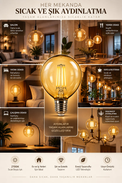 G80 Dimmerli Rustik Gün Işığı 2700K Amber LED Ampul Filament E27 Duylu Filamanlı Edison Ampül