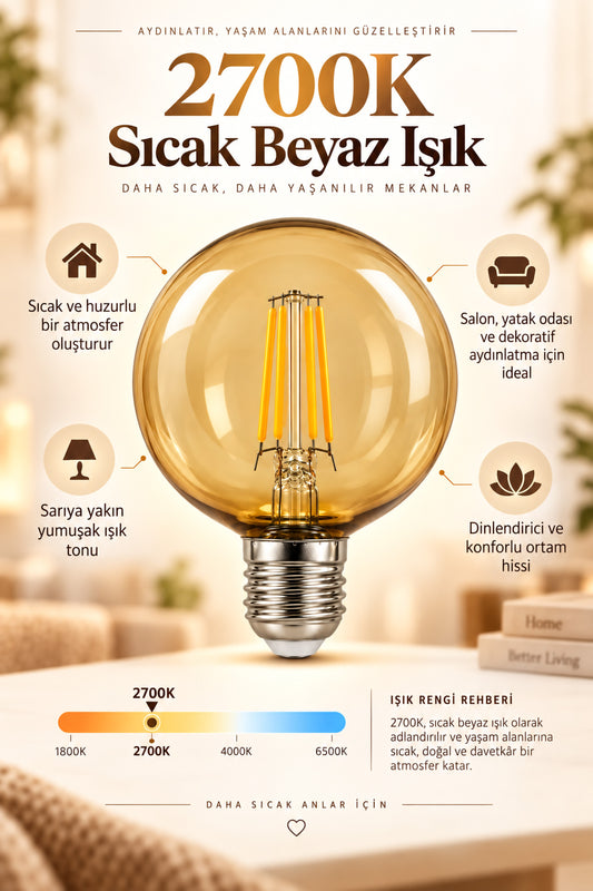 G95 Dimmerli Rustik Gün Işığı 2700K Amber LED Ampul Filament E27 Duylu Filamanlı Edison Ampül