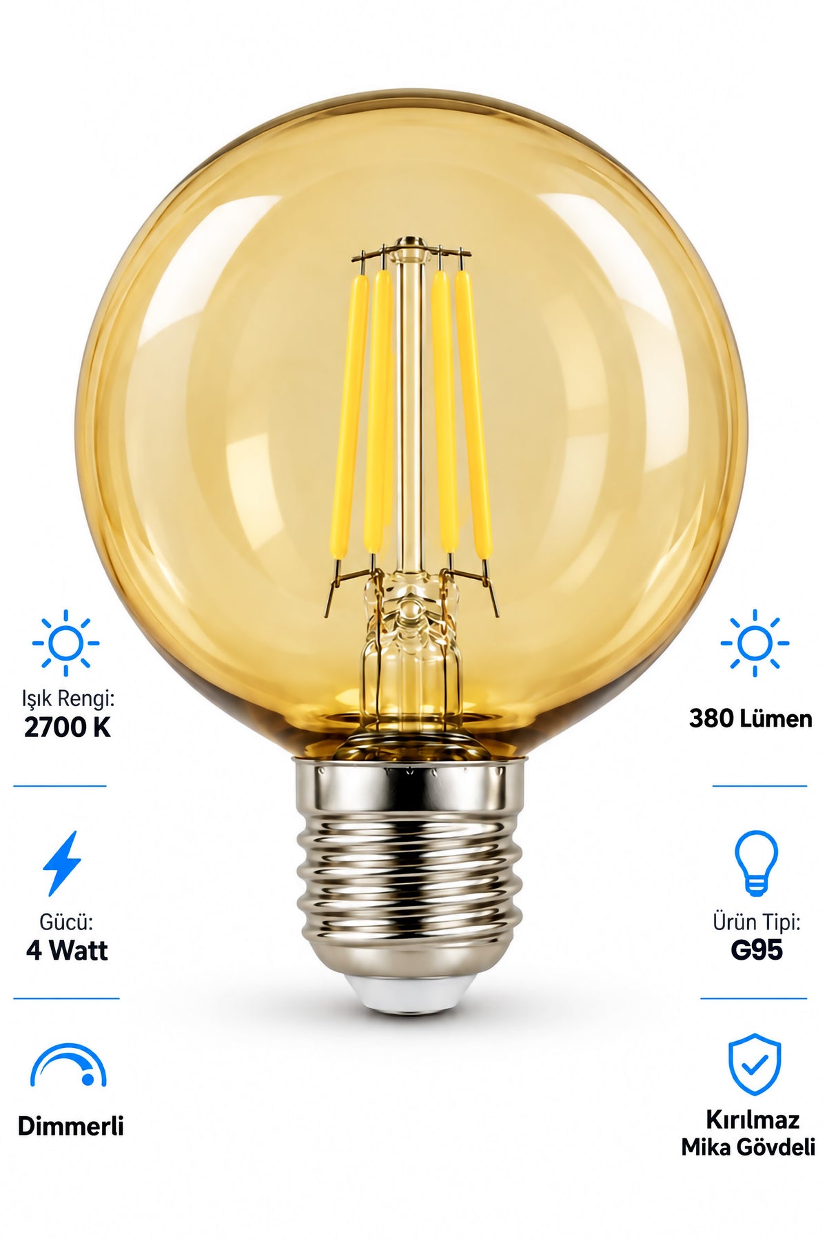 G95 Dimmerli Rustik Gün Işığı 2700K Amber LED Ampul Filament E27 Duylu Filamanlı Edison Ampül