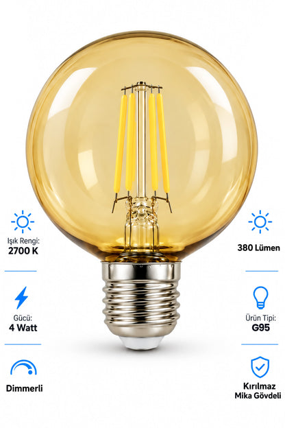 G95 Dimmerli Rustik Gün Işığı 2700K Amber LED Ampul Filament E27 Duylu Filamanlı Edison Ampül