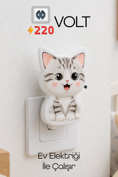 Kedi Gece Lambası ON/OFF Tuşlu Koridor Hol Işığı Uyuma Işığı Beyaz GC19