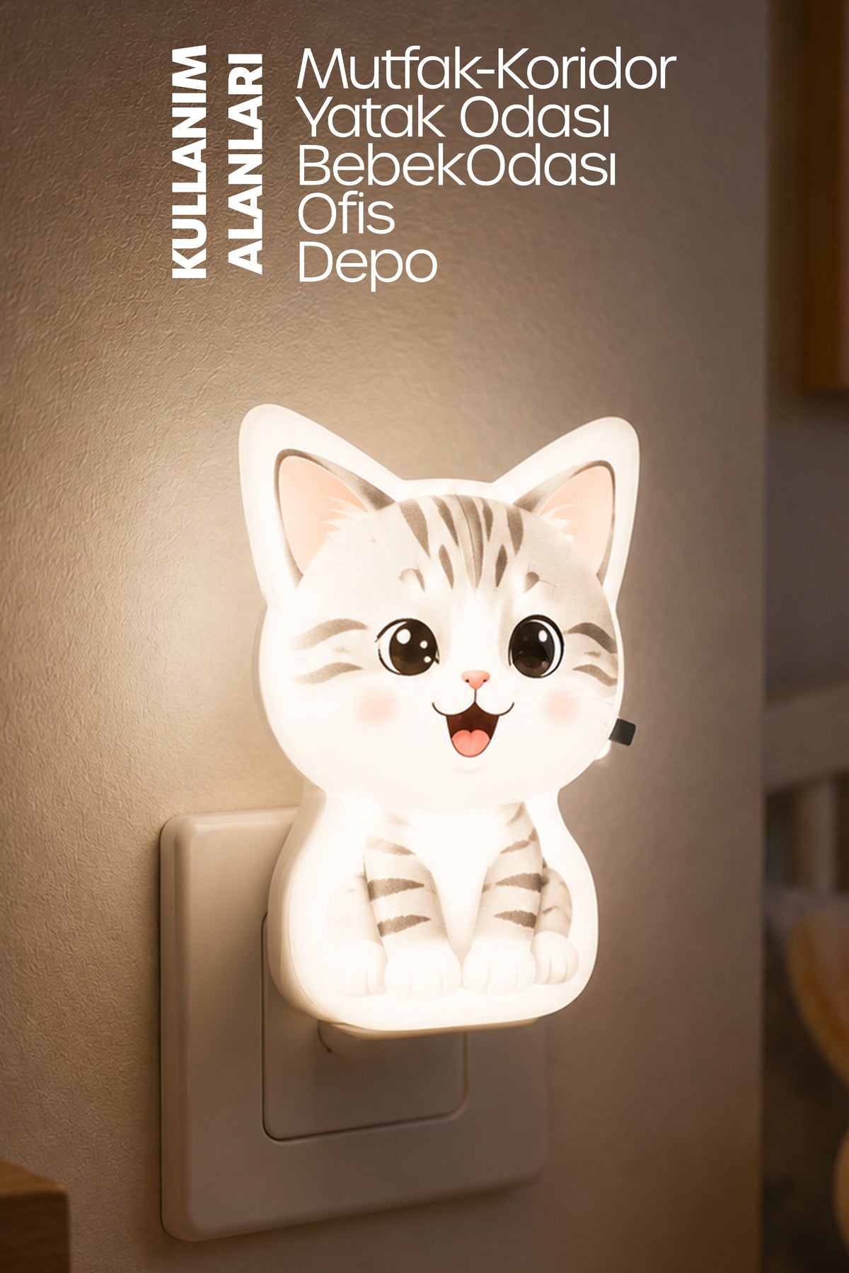 Kedi Gece Lambası ON/OFF Tuşlu Koridor Hol Işığı Uyuma Işığı Beyaz GC19