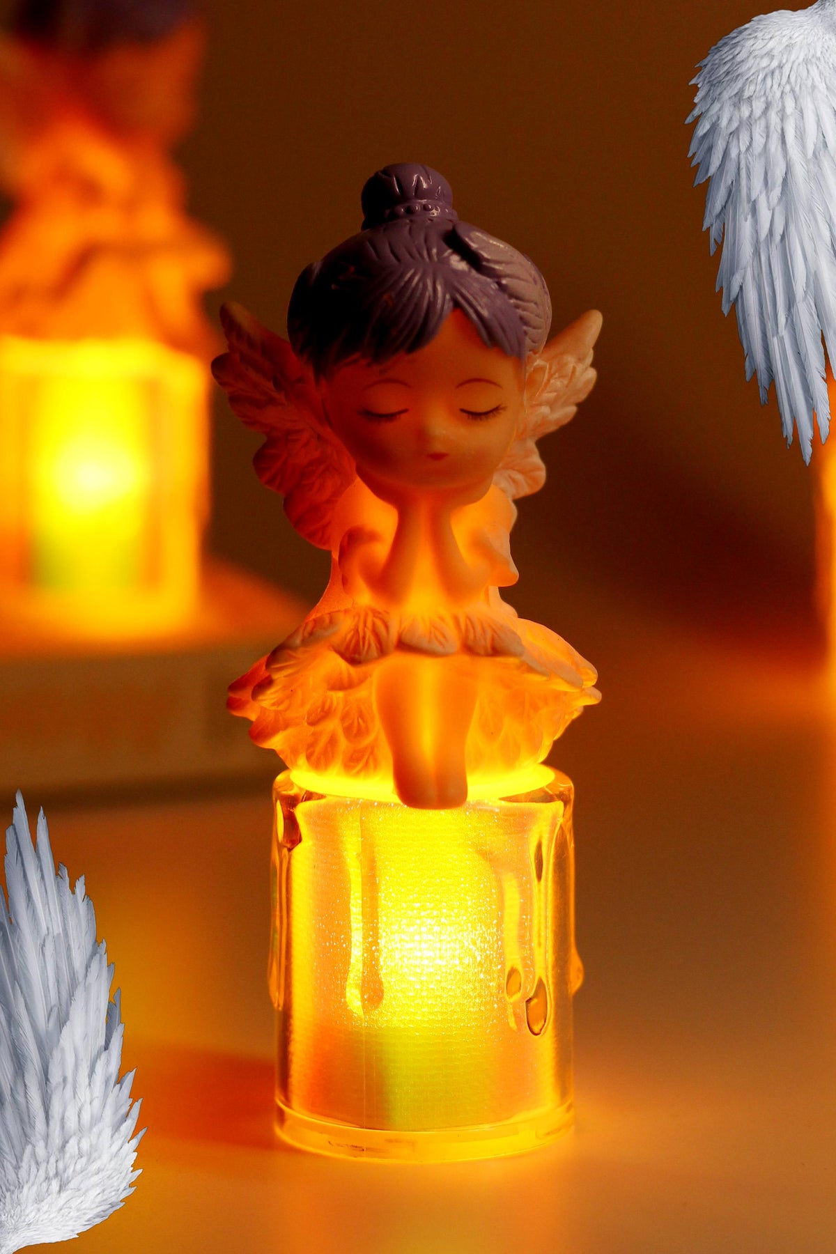 Led Mum Kanatlı Melek Tip Dumansız Pilli Alevli Dekoratif Yapay Mum Işıldak Mor 1037-7