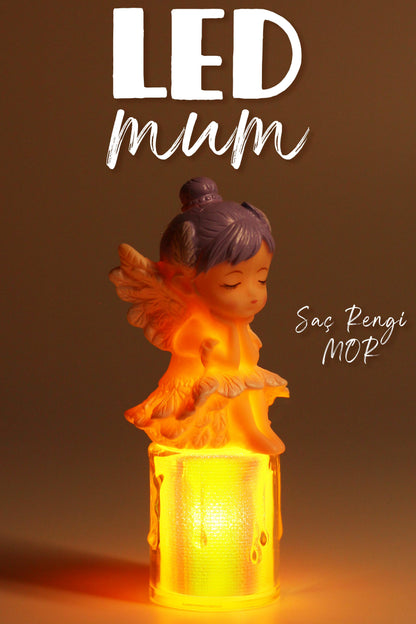 Led Mum Kanatlı Melek Tip Dumansız Pilli Alevli Dekoratif Yapay Mum Işıldak Mor 1037-7
