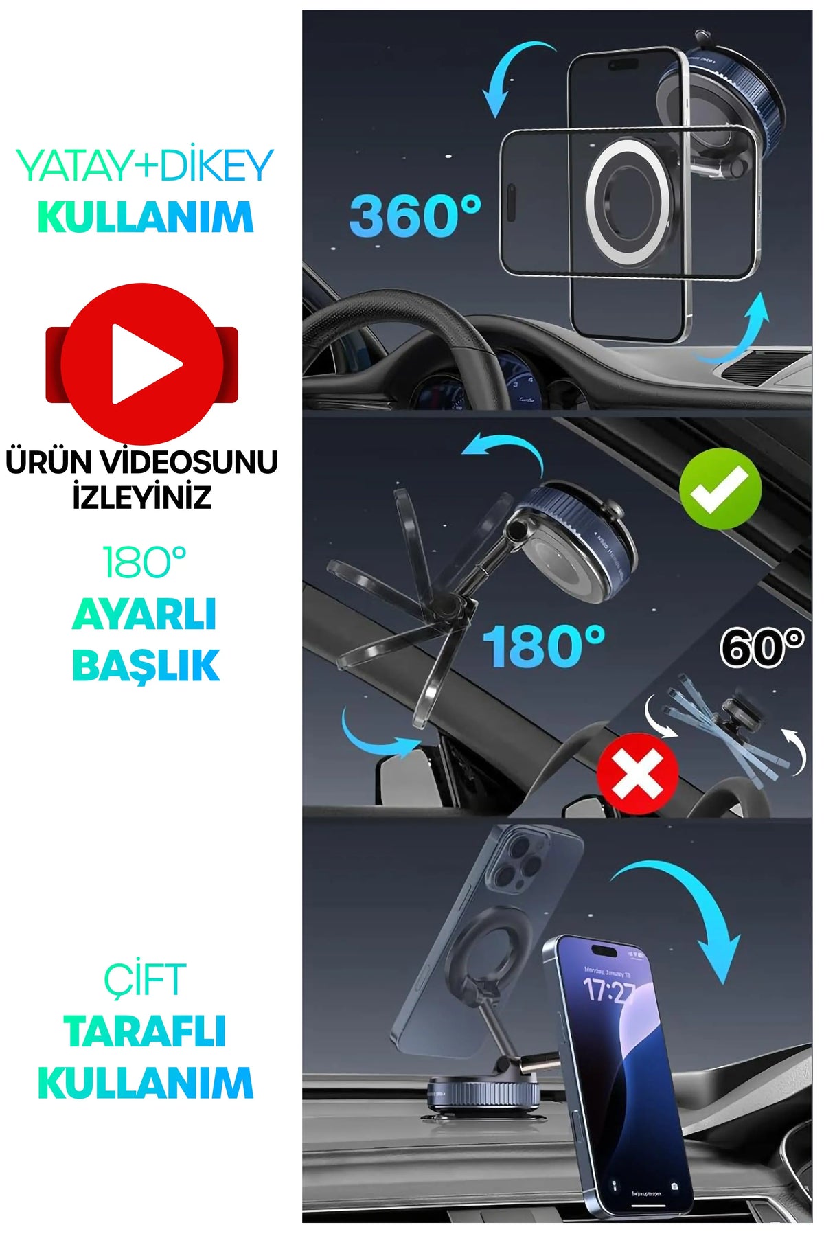 MagnetPRO 360° Ayarlanabilir Araç İçi Masa Üstü Vakumlu Mıknatıslı Magsafe Telefon Tutucu Beyaz