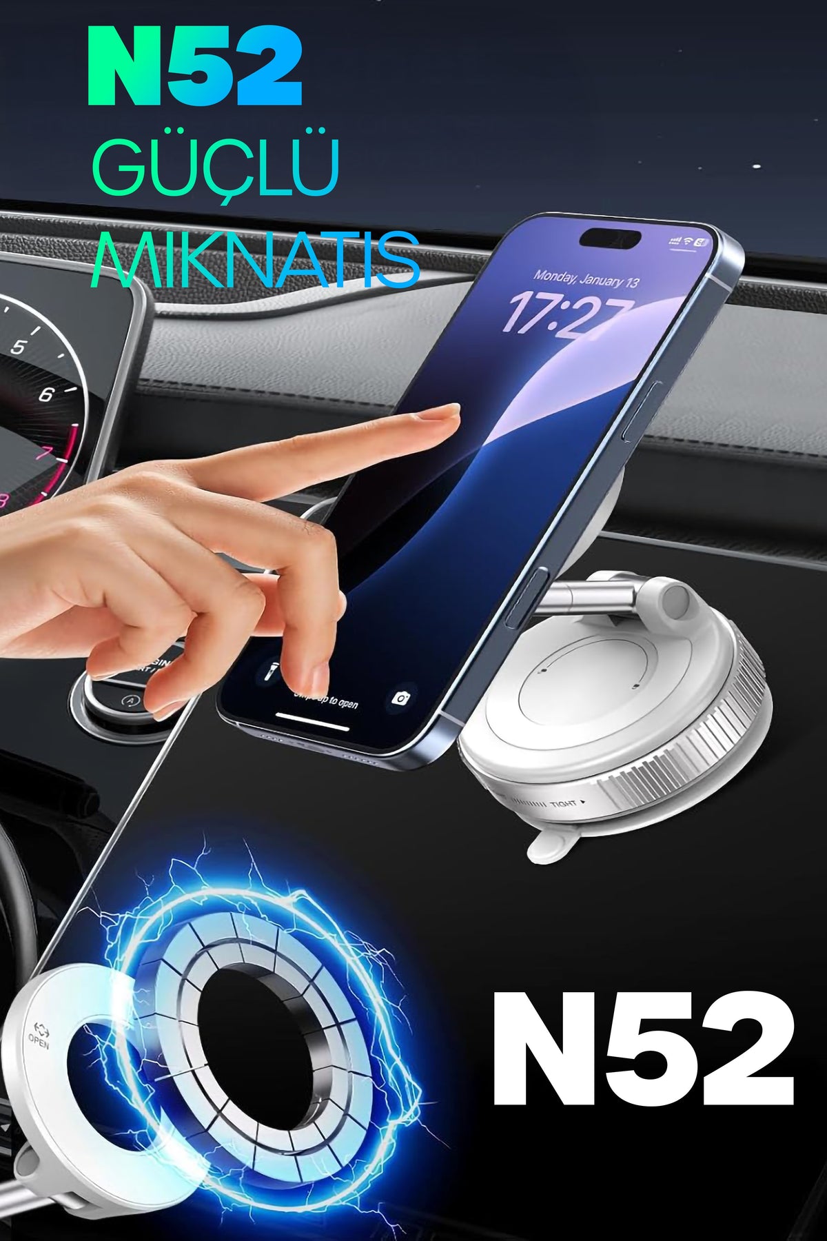 MagnetPRO 360° Ayarlanabilir Araç İçi Masa Üstü Vakumlu Mıknatıslı Magsafe Telefon Tutucu Beyaz