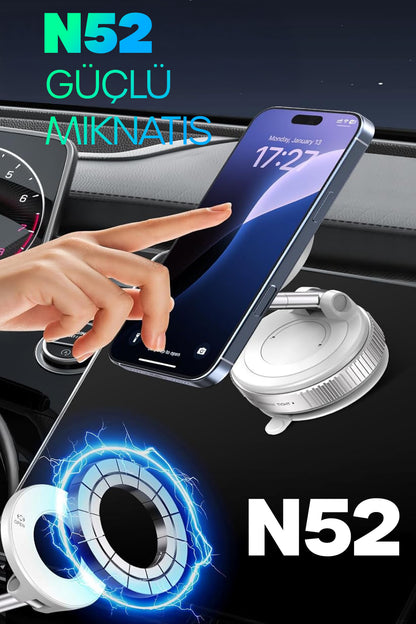 MagnetPRO 360° Ayarlanabilir Araç İçi Masa Üstü Vakumlu Mıknatıslı Magsafe Telefon Tutucu Beyaz