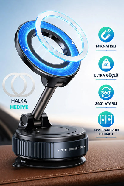 MagnetPRO 360° Ayarlanabilir Araç İçi Masa Üstü Vakumlu Mıknatıslı Magsafe Telefon Tutucu Siyah