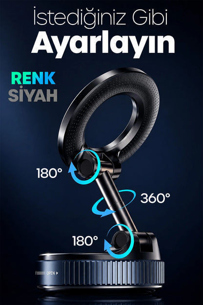MagnetPRO 360° Ayarlanabilir Araç İçi Masa Üstü Vakumlu Mıknatıslı Magsafe Telefon Tutucu Siyah