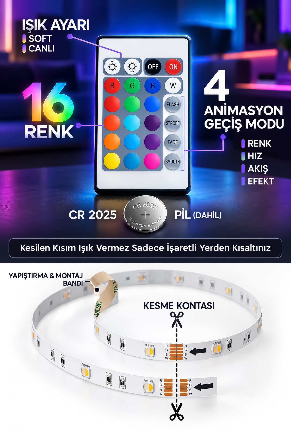 RGB Şerit Led Kumandalı 5 Metre 4 Animasyonlu 16 Renk Tak Çalıştır Şerit LED Işık Aydınlatma