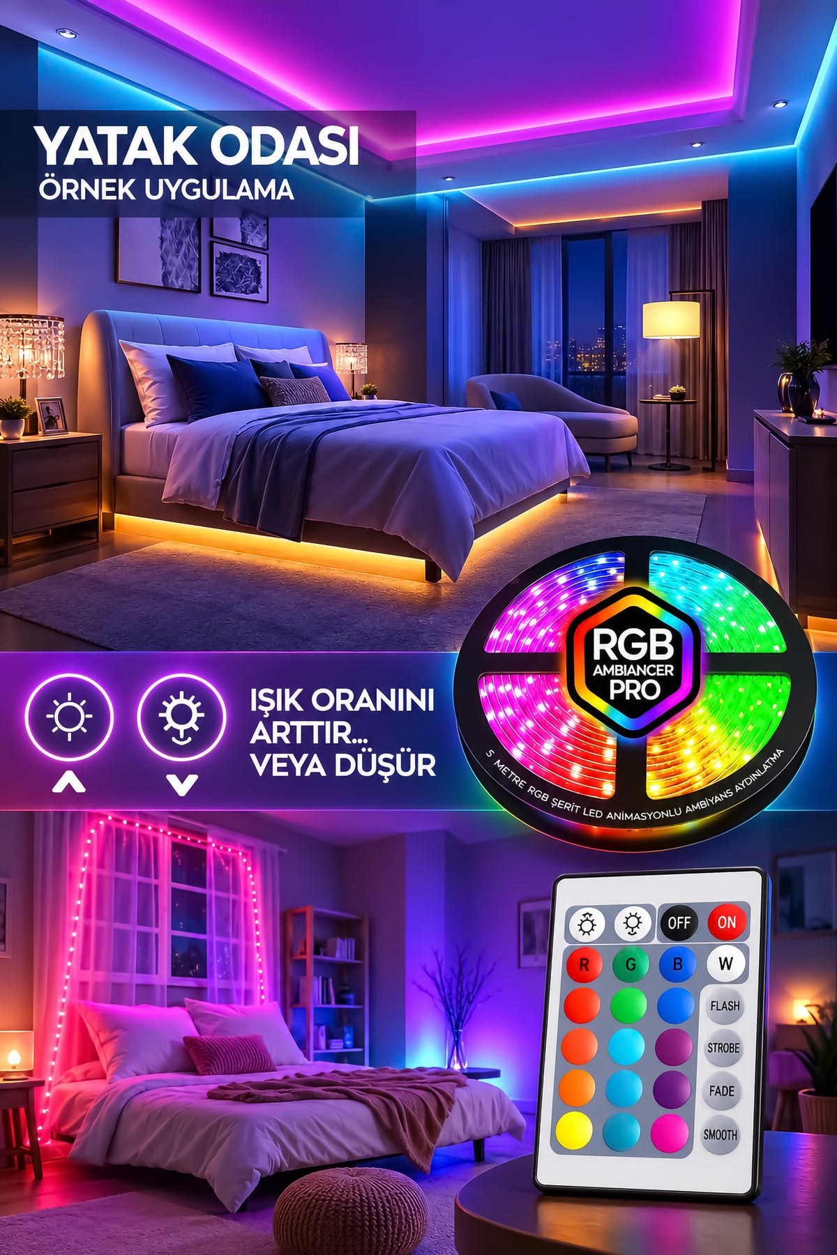 RGB Şerit Led Kumandalı 5 Metre 4 Animasyonlu 16 Renk Tak Çalıştır Şerit LED Işık Aydınlatma