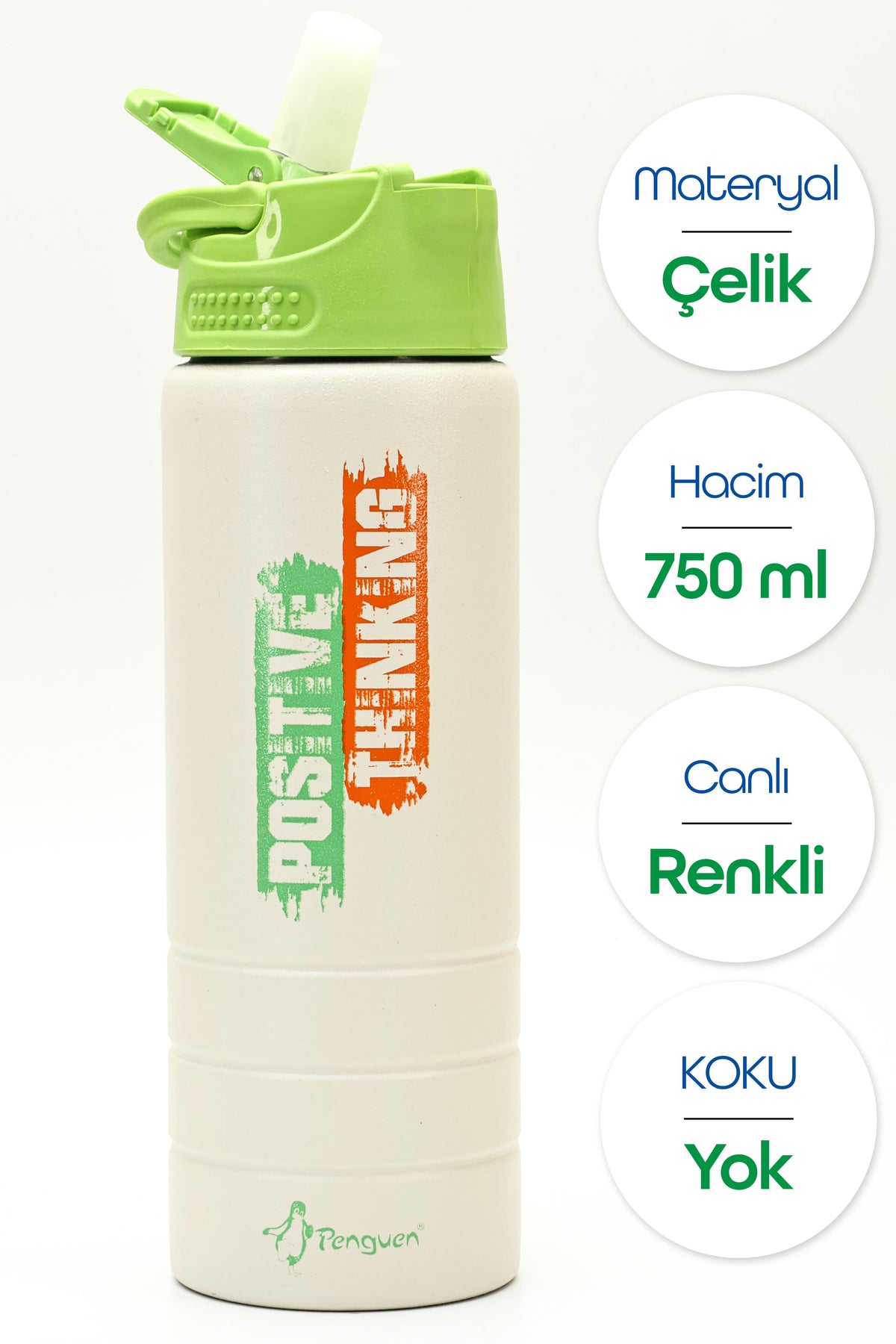 Paslanmaz 304 Çelik Matara Pipetli Motivasyon Matarası Suluğu 304 Çelik Suluk Yeşil 750 ml 1156