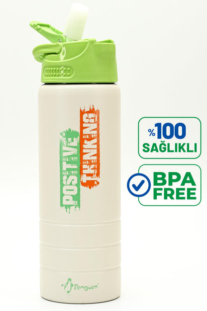 Paslanmaz 304 Çelik Matara Pipetli Motivasyon Matarası Suluğu 304 Çelik Suluk Yeşil 750 ml 1156